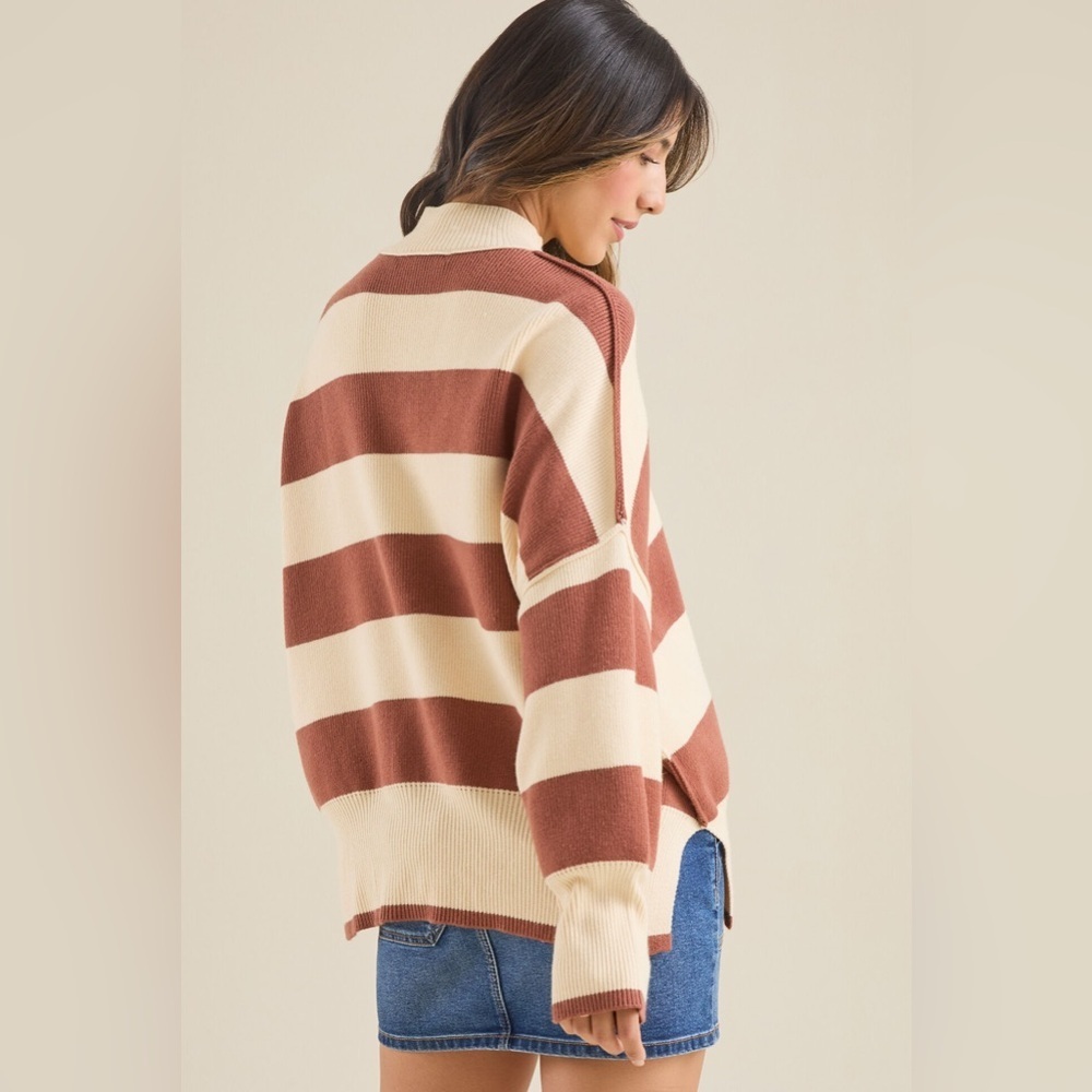 Altar’d State Sweater Womens Small Lydia Brown Cream Striped Mock Neck Oversized